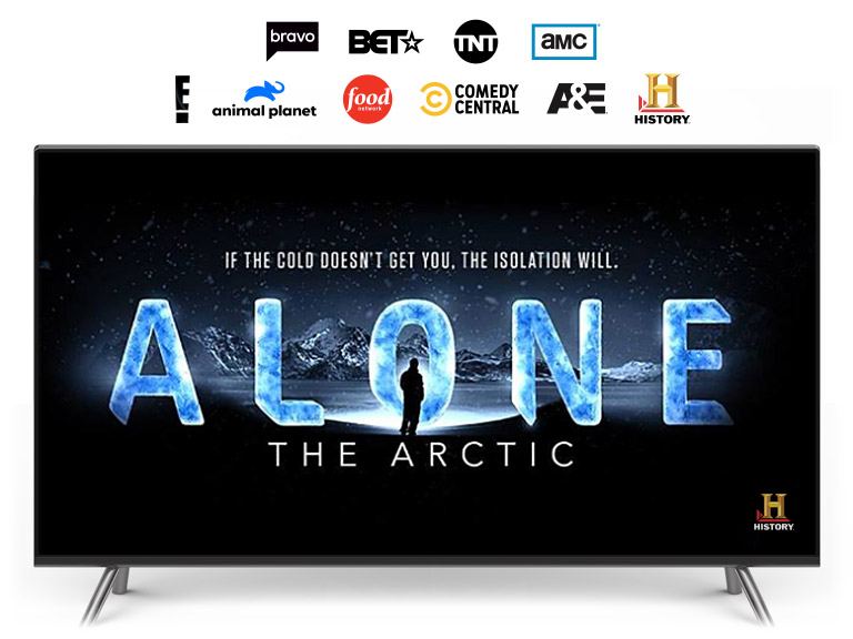 Television with channel logos on top of the screen